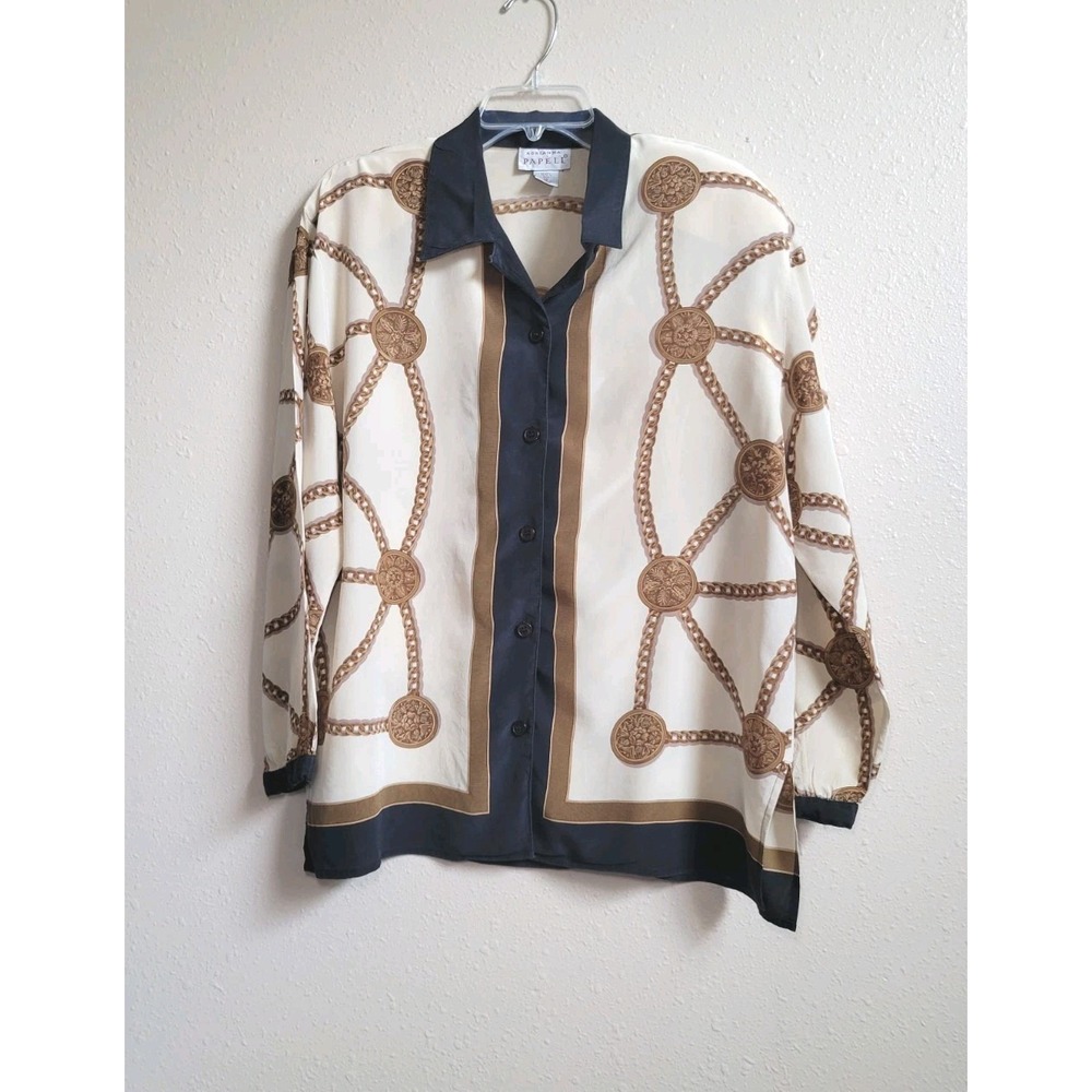 Vintage Adrianna Papell 100% Silk Chain Shirt Button-Down Shoulder Pads 14